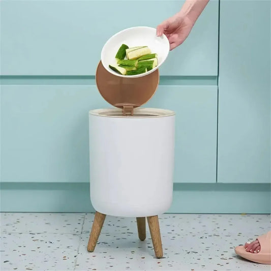 High Foot Garbage Bin Toilet Bathroom Office Room Compost Bin   Garbage Kitchen Trash Can Desktop Dustbin Wooden Grain Press Lid