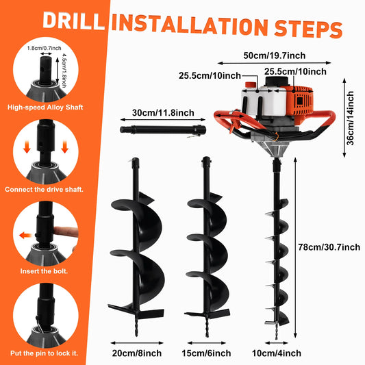 2 Stroke 2.4HP 52cc Post Hole Digger Earth Auger Gasoline One Man Machine  （Pay Attention to Distinguishing Attributes）